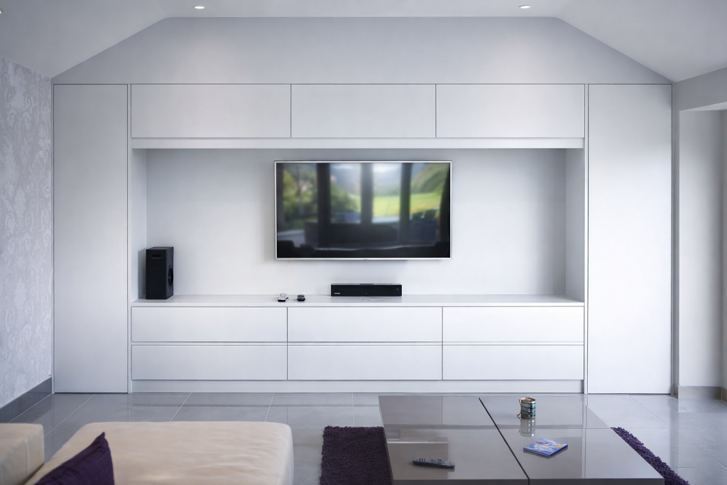 Bespoke media unit in Felsted, Essex with built-in storage and integrated TV wall in a modern living room.