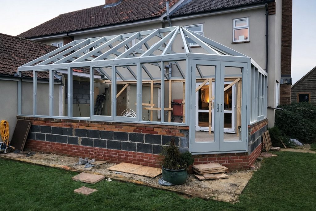 Bespoke glazed extension with integrated doors manufactured and fitted in Essex