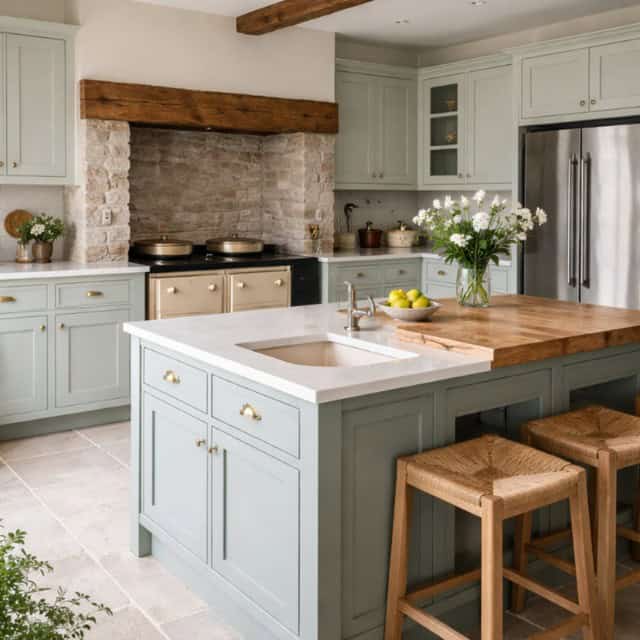 Bespoke shaker kitchen in an Essex country cottage with island and in-frame cabinetry