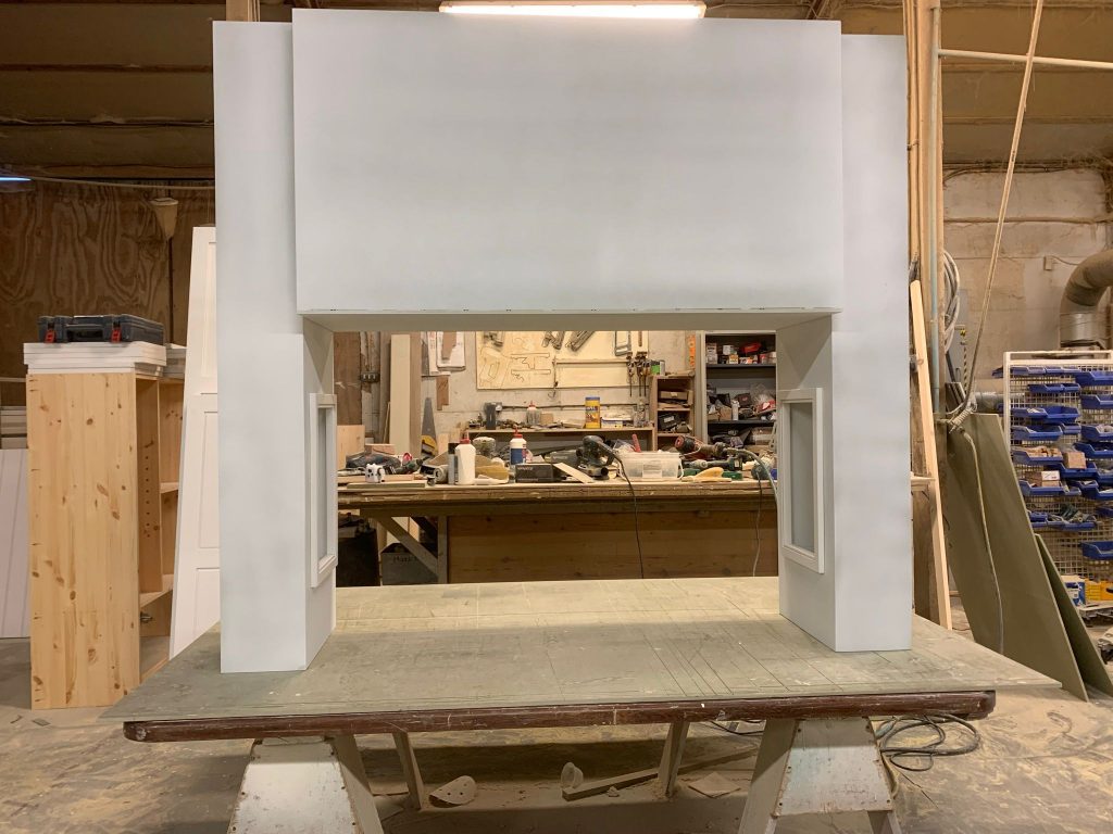 Handcrafted kitchen overmantel under construction in the workshop, built using fire-resistant MDF as part of a bespoke shaker