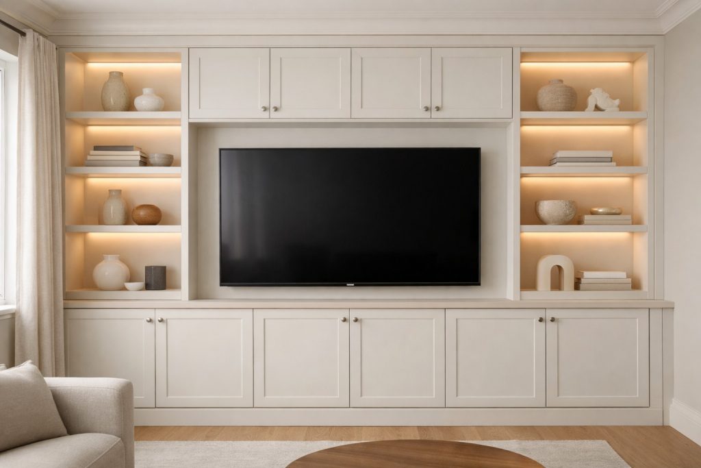 Custom built media wall in Chelmsford, Essex with painted cabinetry, integrated television and illuminated shelving