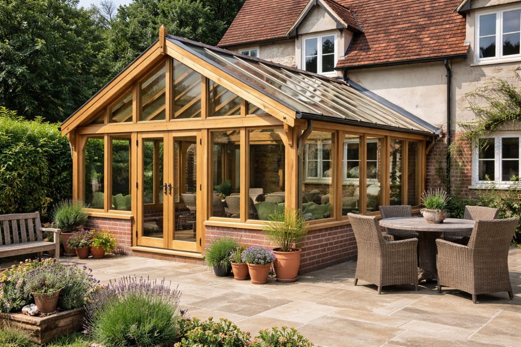 Bespoke joinery essex, oak conservatory manufactured and fitted to a traditional country house