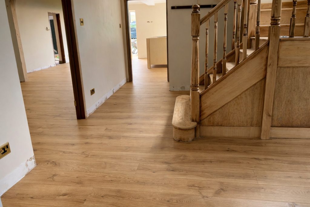 Solid oak bespoke timber flooring flowing through hallway and staircase in Shelford Green, Essex