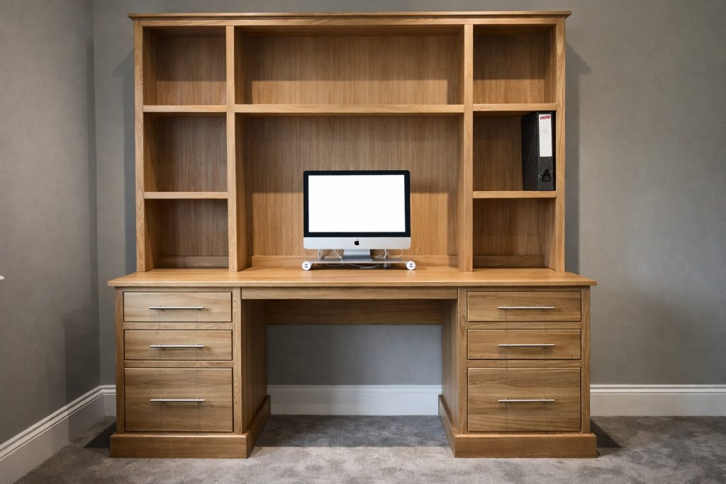 Bespoke solid oak home office desk and bookcase, handcrafted in our factory and installed in a residential property in Essex