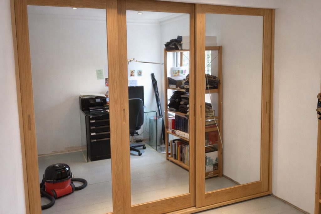 Bespoke fitted oak sliding wardrobe in Great Saling, Essex, with full-height mirrored doors and solid oak frames.