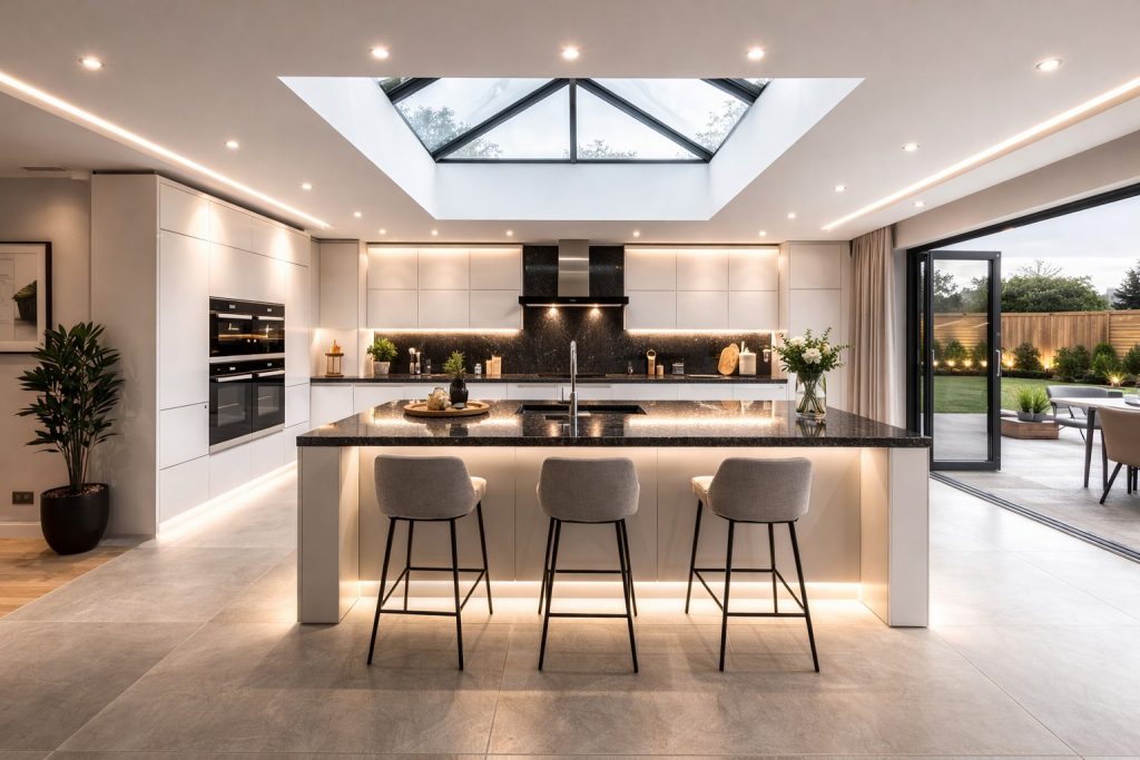 Bespoke open-plan kitchen in a new Essex home with white flat slab units, granite worktops and central skylight