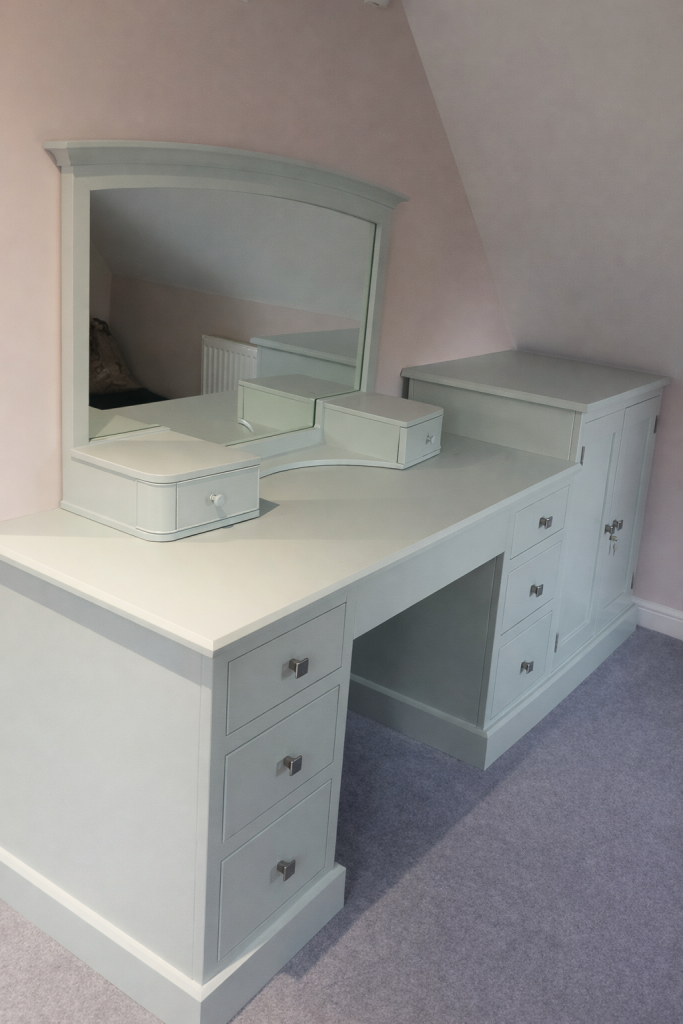 Bespoke painted dressing table with integrated drawers, mirror and storage, handcrafted and installed in Wickham Bishops, Bespoke furniture in Essex handcrafted by Colding Group