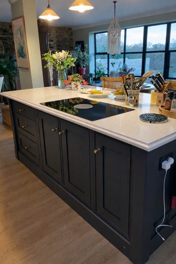 Close-up of bespoke shaker kitchen island with Carrara quartz worktop and integrated hob