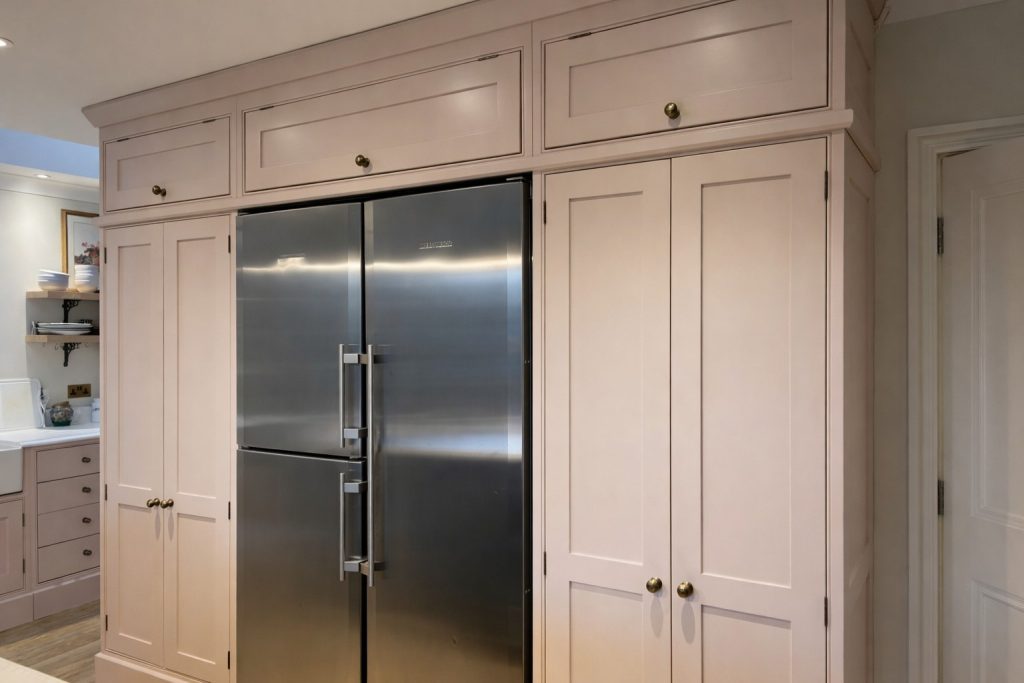 Bespoke shaker-style kitchen tall units with integrated fridge cabinetry painted in Farrow & Ball Setting Plaster in Rickmansworth, Hertford