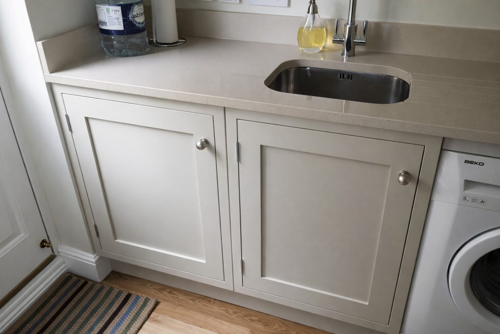 Bespoke shaker-style utility room cabinetry with quartz worktop in Barnstead, Surrey