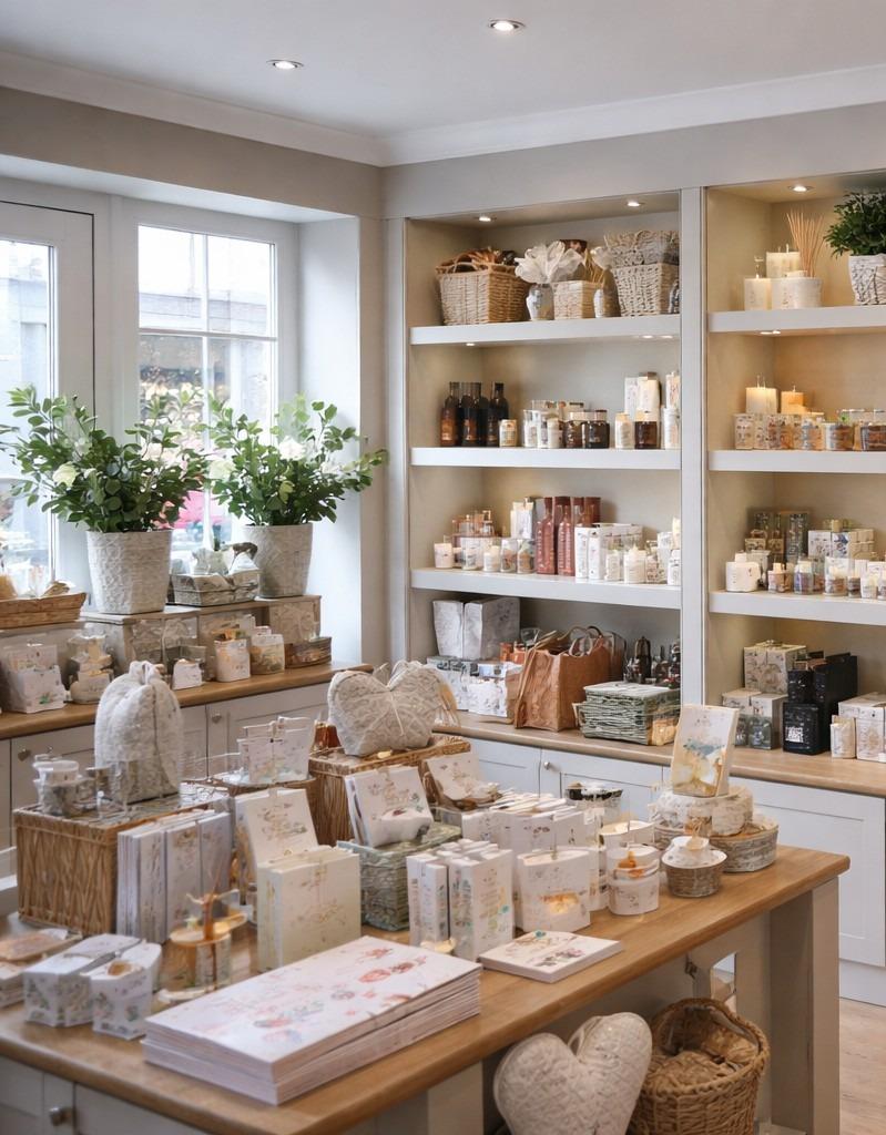 Besppoke shopfitted retail display units with shelving and storage in a gift shop in Essex
