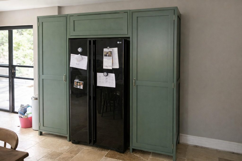 Bespoke shaker kitchen tall units in Farrow & Ball Green Smoke with integrated refrigeration and furniture-style detailing.