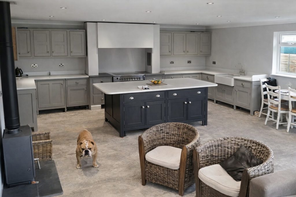 Bespoke shaker kitchen with central island in French Grey and Acqua Viva.