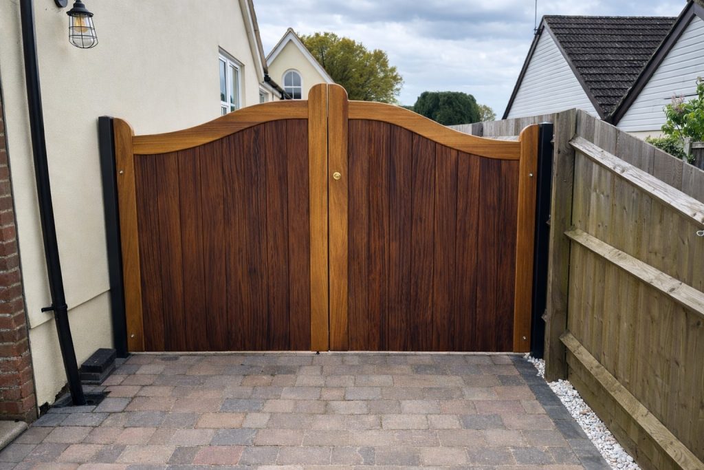 Custom-made Iroko timber driveway gates with a curved top design, fitted between side boundaries at a private home in Wickham Bishops, Essex