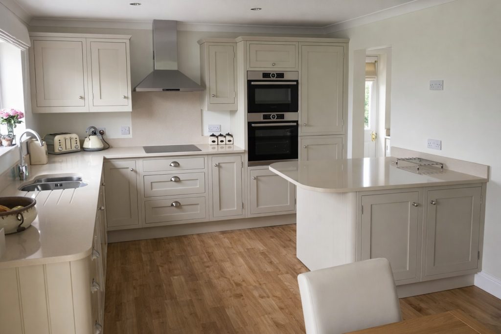Painted shaker kitchen island with curved quartz worktop in Barnstead, Surrey