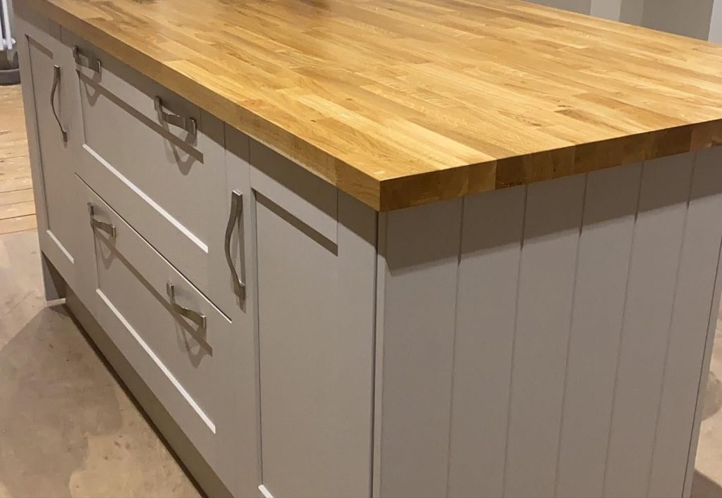 Solid oak block worktop on painted shaker kitchen island in Witham, Essex
