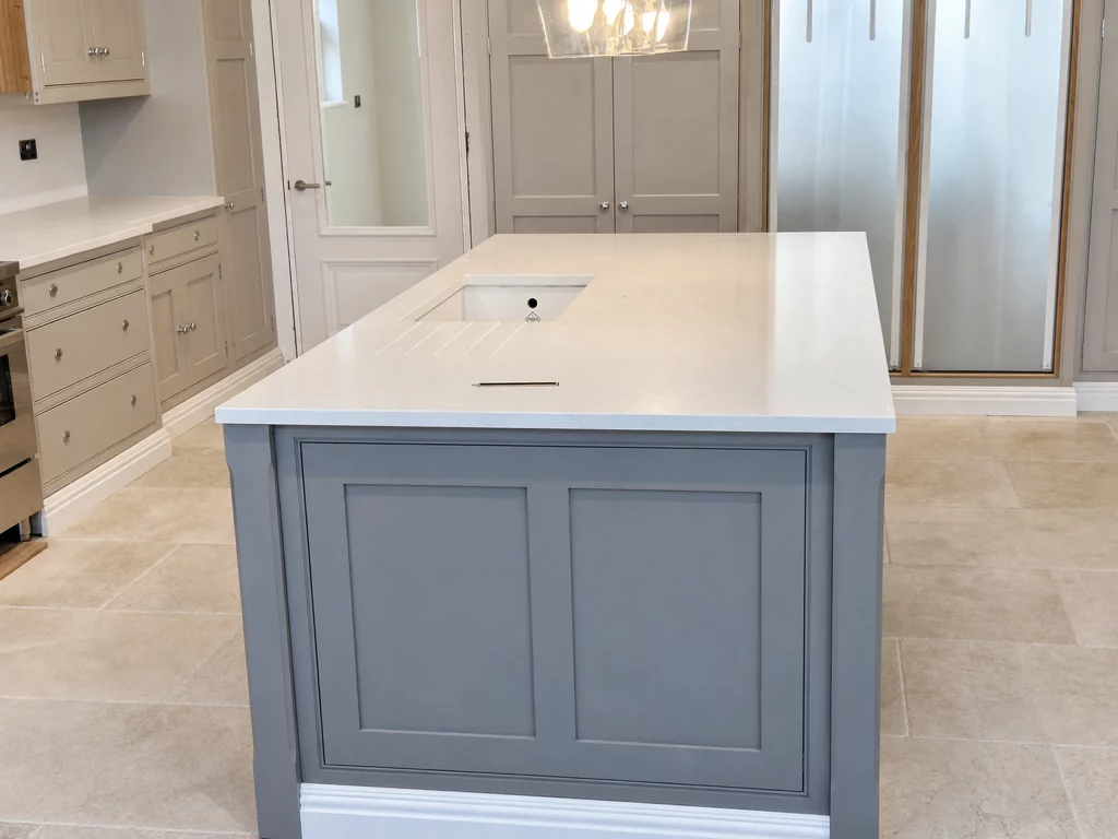 Grey in-frame kitchen installation with oak interiors and white quartz worktops in Braintree, quartz-topped island in the foreground with tall storage beyond.
