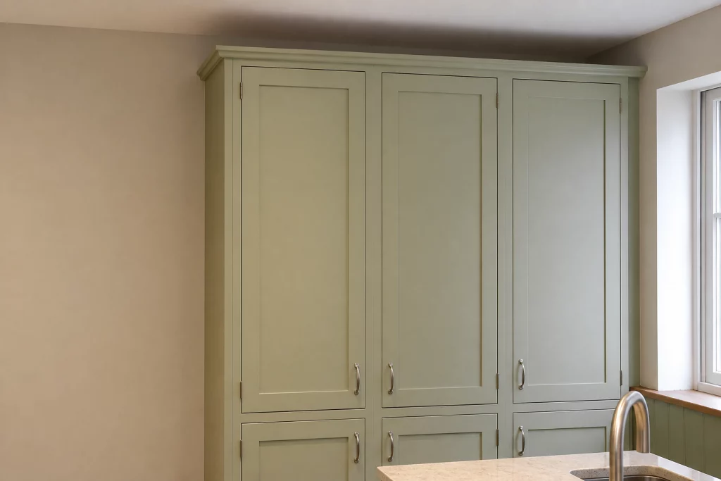 Cooking Apple Green Shaker kitchen with oak worktops and a tiled range recess, full-height painted larder cupboards.