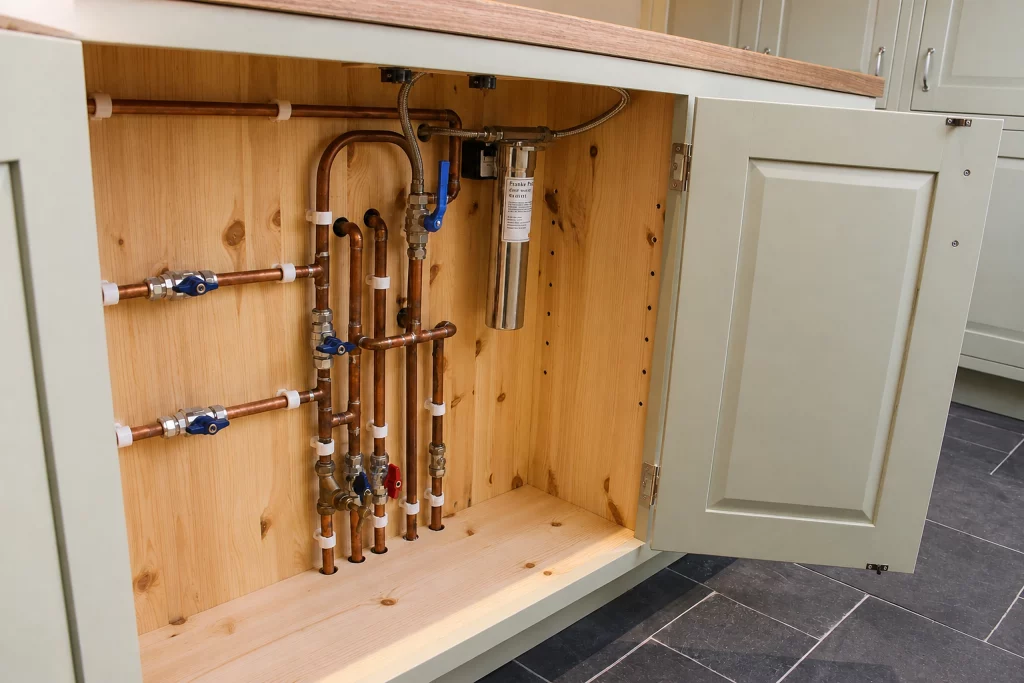Cooking Apple Green Shaker kitchen with oak worktops and a tiled range recess, wider view of the plumbing and oak cabinet interior.