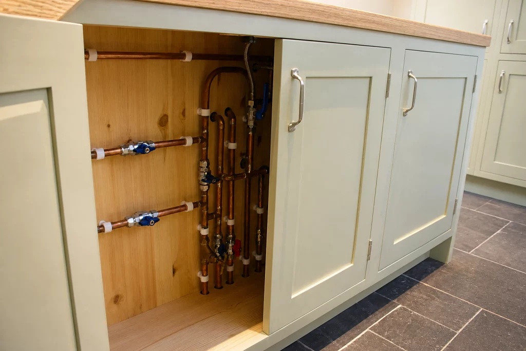 Cooking Apple Green Shaker kitchen with oak worktops and a tiled range recess, painted cabinet doors closing over the service access.