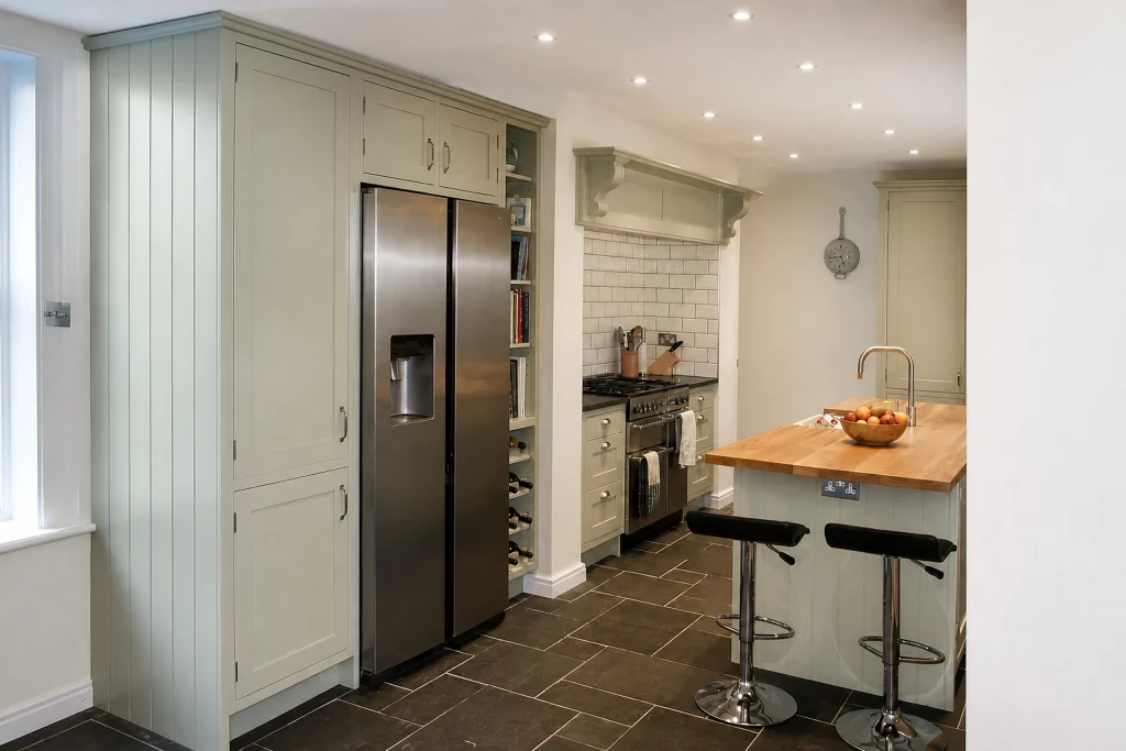 Cooking Apple Green Shaker kitchen with oak worktops and a tiled range recess, finished open-plan overview with island and tall storage.