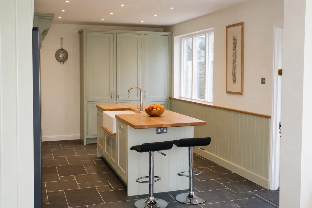 Cooking Apple Green Shaker kitchen with oak worktops and a tiled range recess, island and tall cupboards viewed from the dining end.