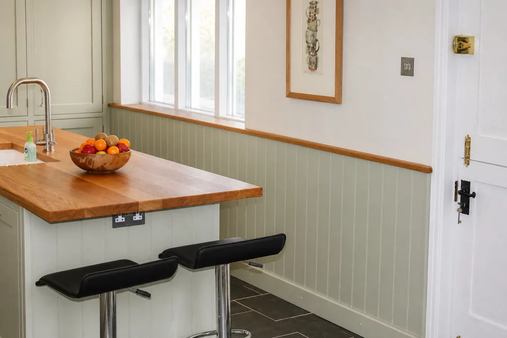 Cooking Apple Green Shaker kitchen with oak worktops and a tiled range recess, close view of the island seating overhang.