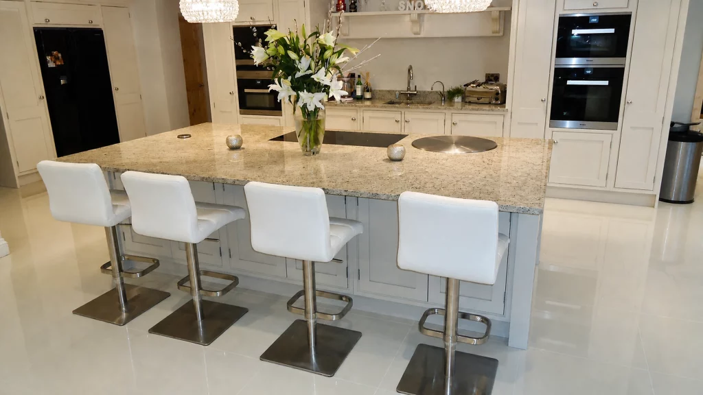Dimpse-painted Shaker kitchen with a large granite island and integrated appliances, four-seat island elevation with appliance wall behind.