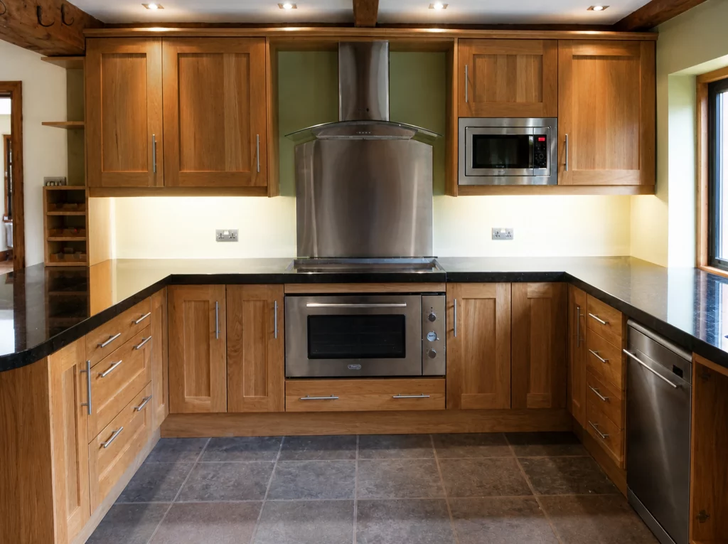 Handcrafted solid oak kitchen with dark stone worktops in a beamed interior, front view of the main cooking run.