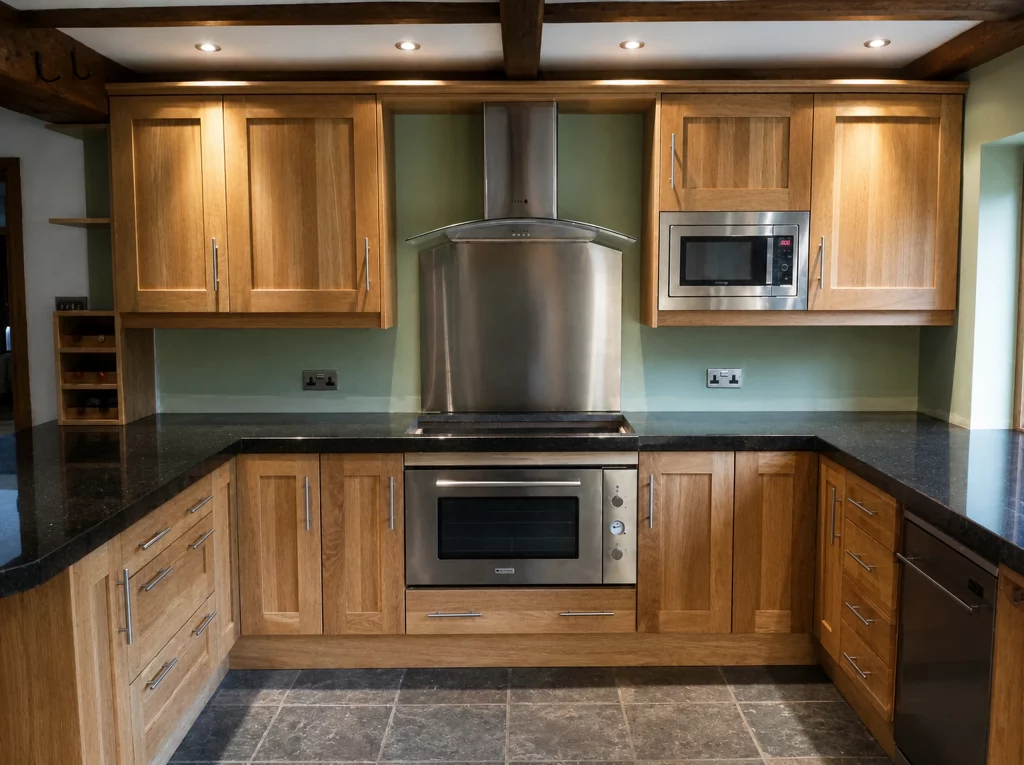 Handcrafted solid oak kitchen with dark stone worktops in a beamed interior, symmetrical view of the oak cabinetry and stainless-steel extractor.