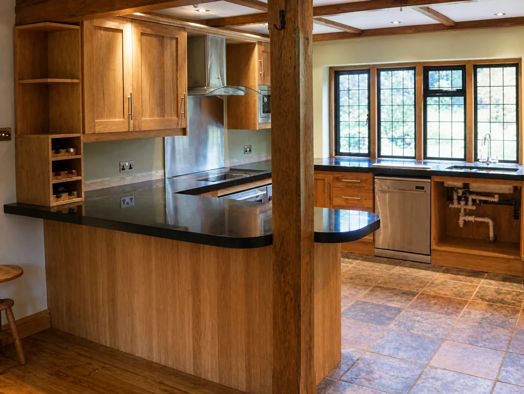 Handcrafted solid oak kitchen with dark stone worktops in a beamed interior, peninsula and cooking area framed by an oak post.