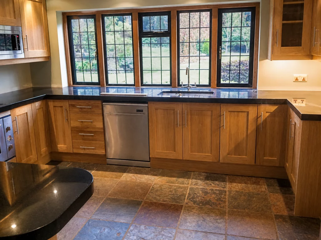 Handcrafted solid oak kitchen with dark stone worktops in a beamed interior, sink run beneath leaded windows.