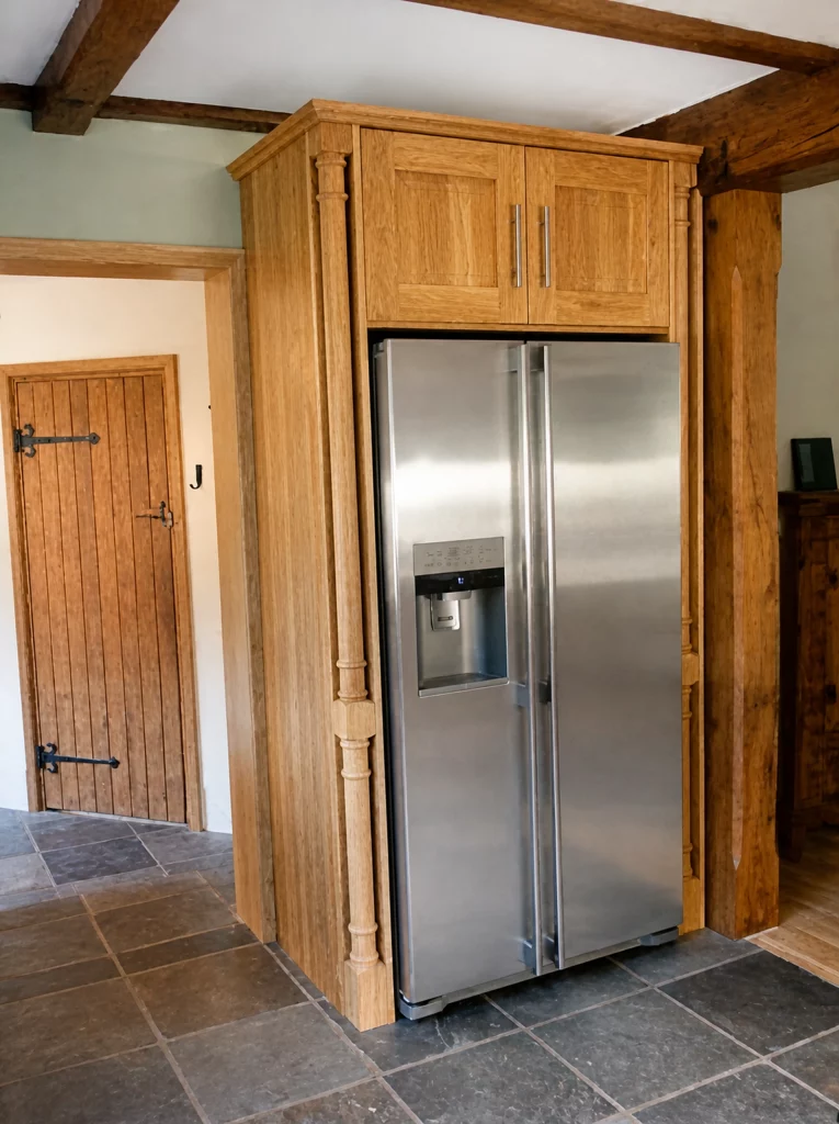Handcrafted solid oak kitchen with dark stone worktops in a beamed interior, tall housing around the American-style fridge freezer.