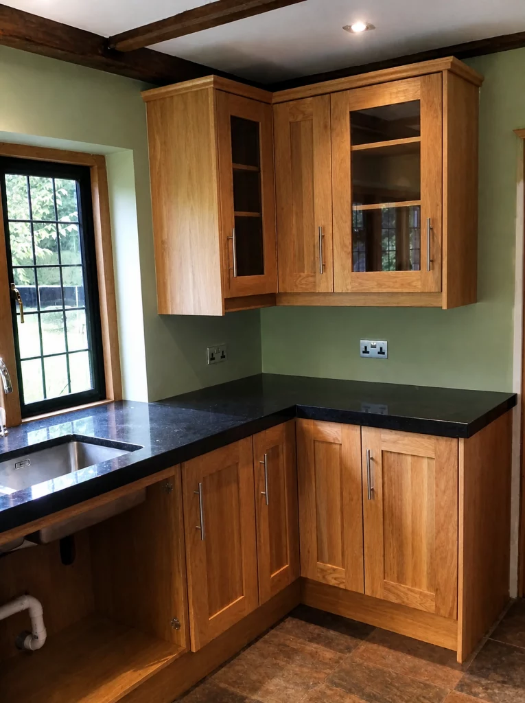 Handcrafted solid oak kitchen with dark stone worktops in a beamed interior, corner cabinetry and glazed wall cupboard.