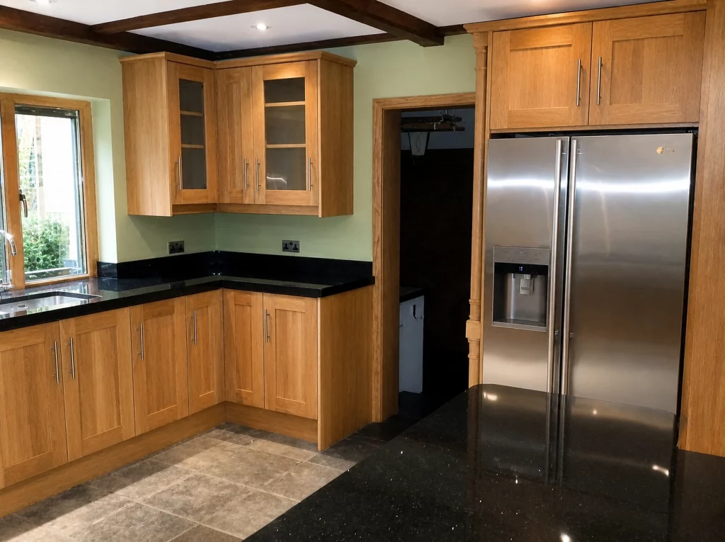 Handcrafted solid oak kitchen with dark stone worktops in a beamed interior, fridge-freezer wall and corner cabinetry.