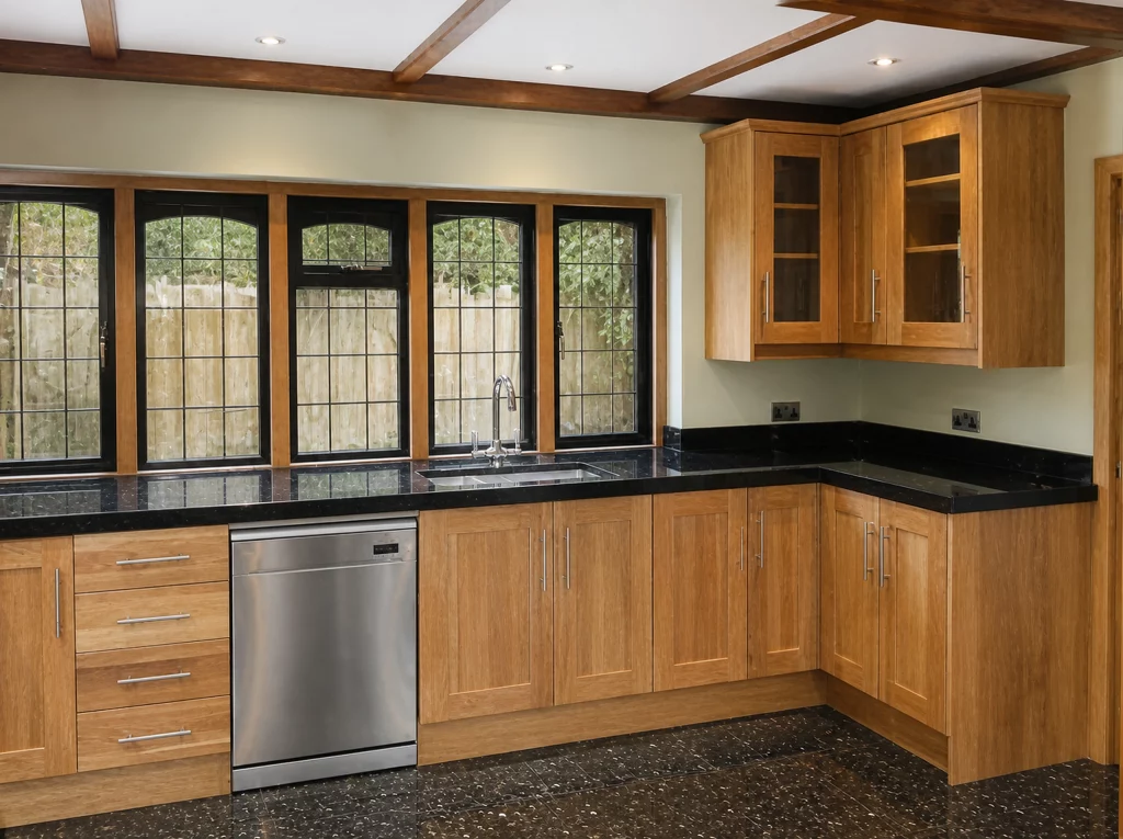 Handcrafted solid oak kitchen with dark stone worktops in a beamed interior, long sink run with integrated dishwasher and glazed storage.