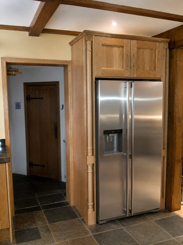 Handcrafted solid oak kitchen with dark stone worktops in a beamed interior, tall stainless-steel fridge-freezer in its oak surround.