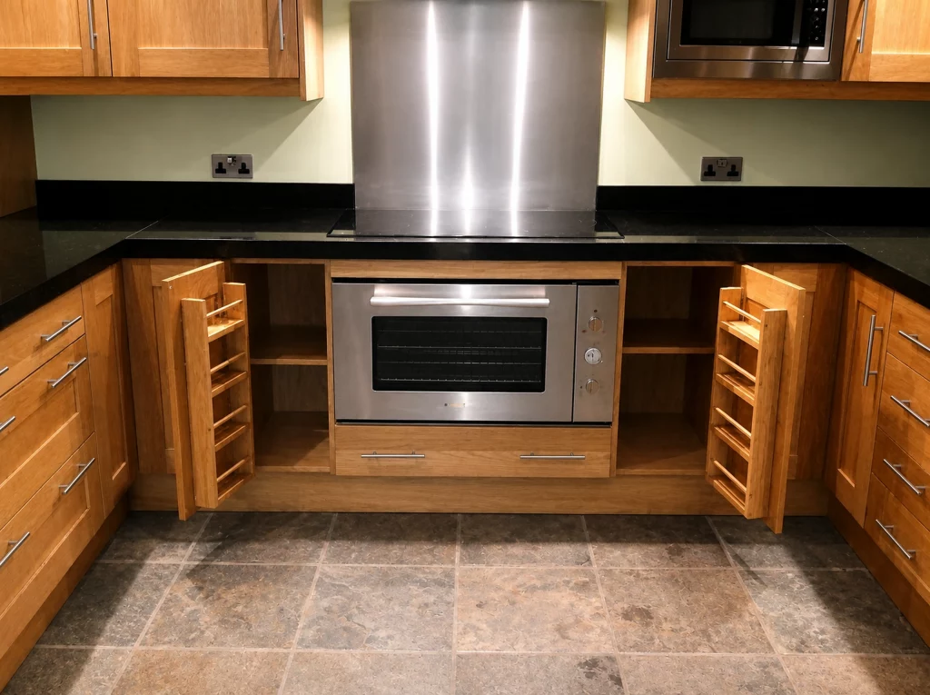 Handcrafted solid oak kitchen with dark stone worktops in a beamed interior, two narrow pull-out storage units flanking the oven.