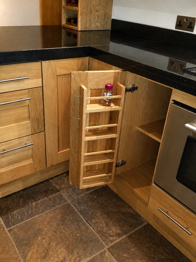 Handcrafted solid oak kitchen with dark stone worktops in a beamed interior, open pull-out bottle rack beside the cooking area.