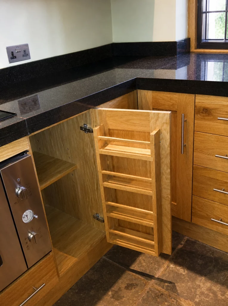 Handcrafted solid oak kitchen with dark stone worktops in a beamed interior, open narrow bottle rack in the corner base cabinet.