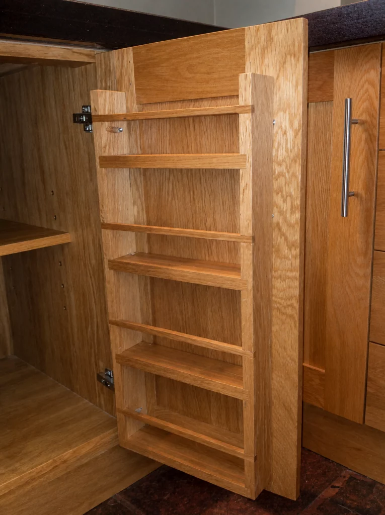 Handcrafted solid oak kitchen with dark stone worktops in a beamed interior, full-height pull-out larder fitted into an oak cabinet.