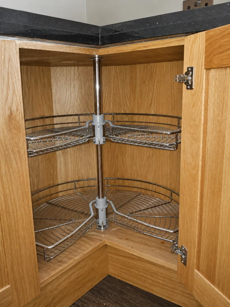 Handcrafted solid oak kitchen with dark stone worktops in a beamed interior, open rotating corner storage mechanism.