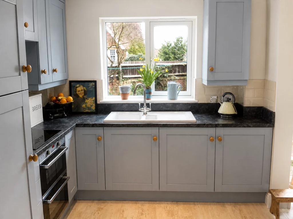 Parma Gray painted kitchen with dark worktops and made-to-measure storage, sink run beneath the garden window.