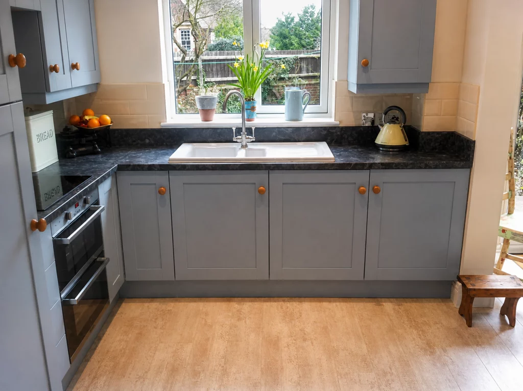 Parma Gray painted kitchen with dark worktops and made-to-measure storage, angled view across the compact U-shaped layout.