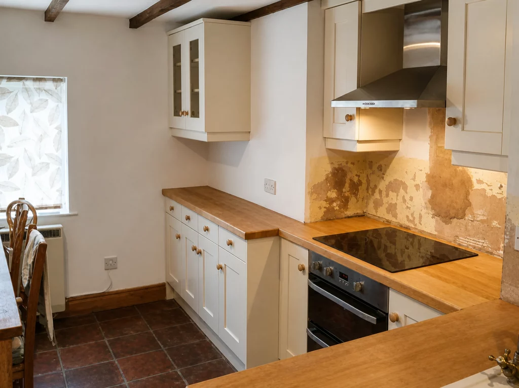 Compact painted Shaker kitchen with solid oak worktops in Little Waltham, cooking run with integrated oven and stainless-steel extractor.