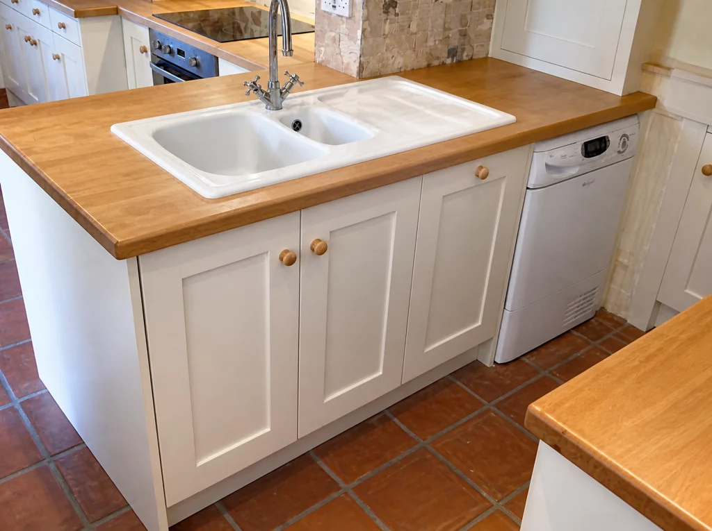 Compact painted Shaker kitchen with solid oak worktops in Little Waltham, sink cabinet and dishwasher beneath the oak worktop.