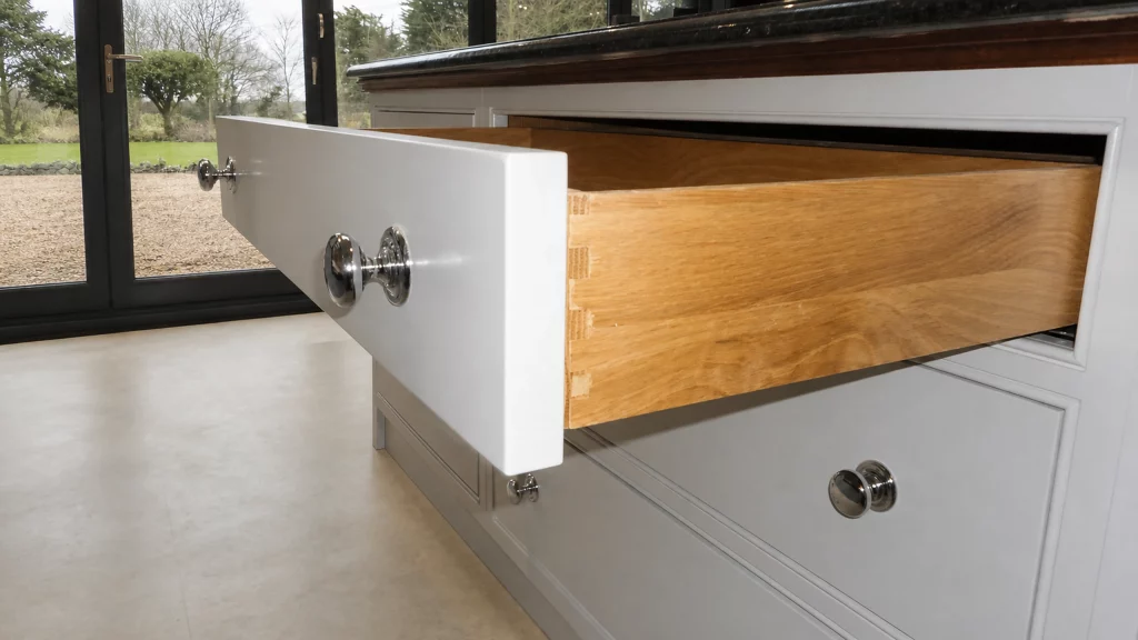 Painted pale-blue Shaker kitchen with dark granite worktops and oak details, solid oak dovetail drawer opened beneath the worktop.