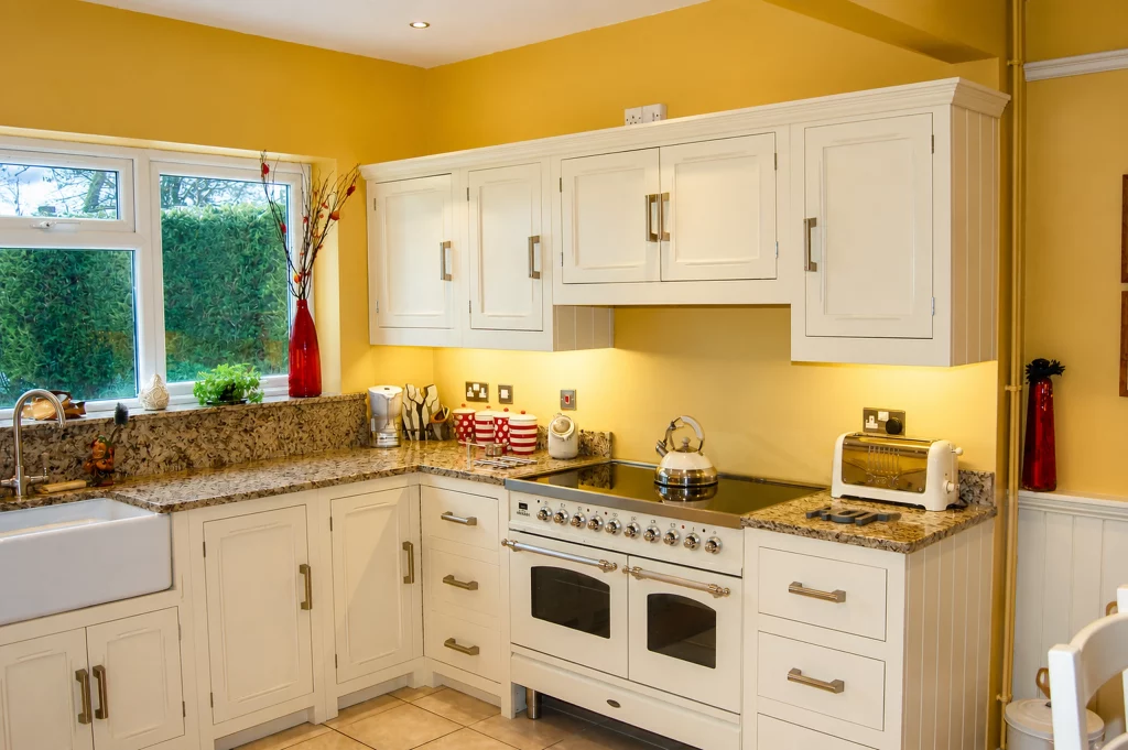 Tallow-painted in-frame Shaker kitchen with granite worktops and fitted wine storage, range-cooker wall with symmetrical painted cabinetry.
