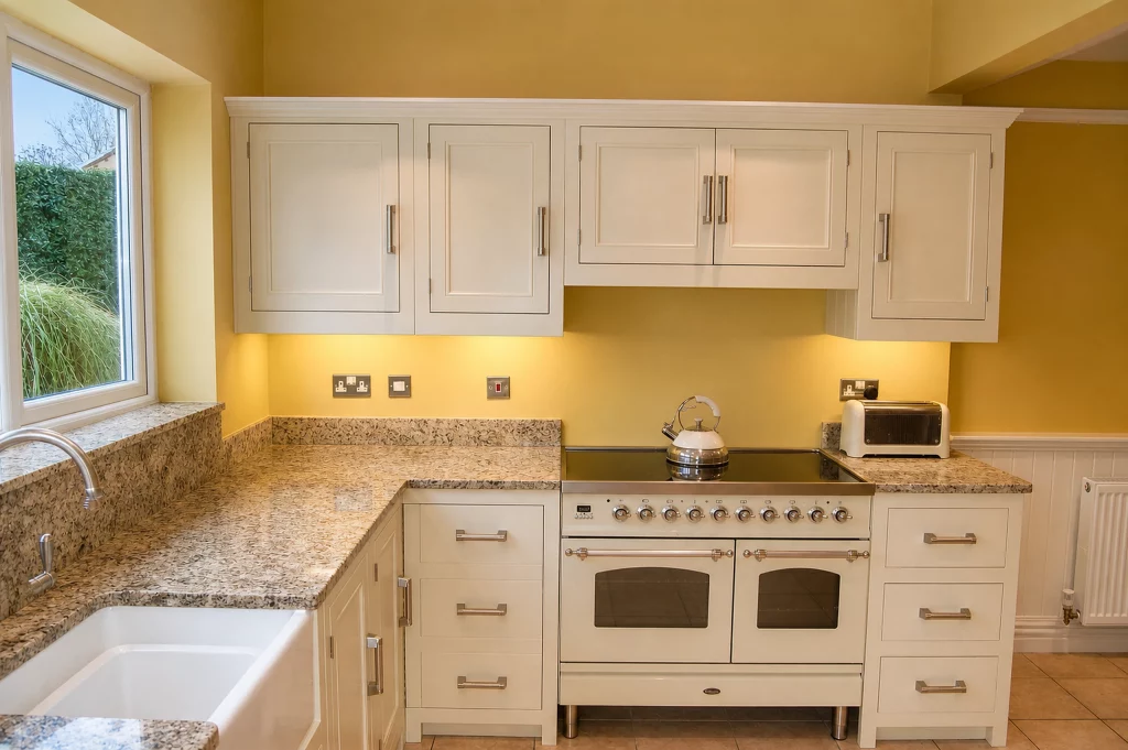 Tallow-painted in-frame Shaker kitchen with granite worktops and fitted wine storage, front view of the range cooker and moulded Shaker doors.